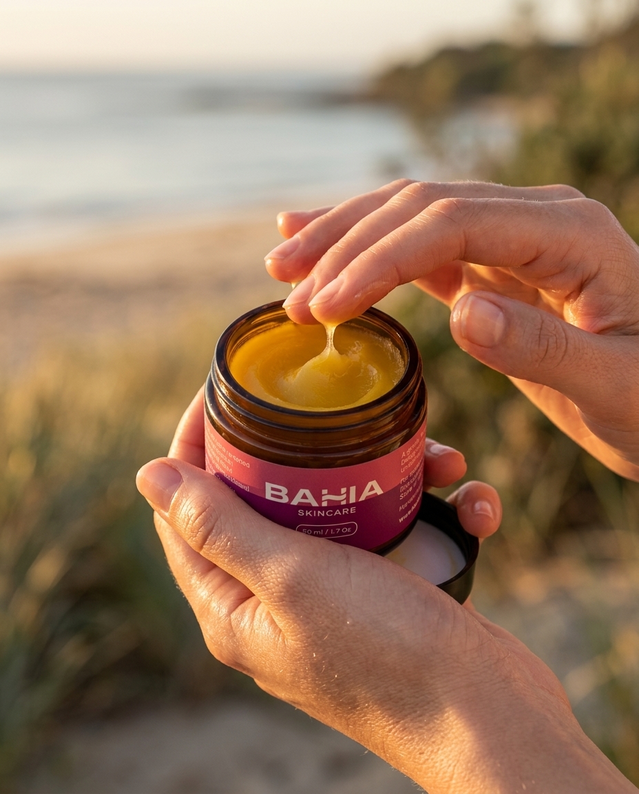 Bahia Tallow balm — woman holding jar at golden hour