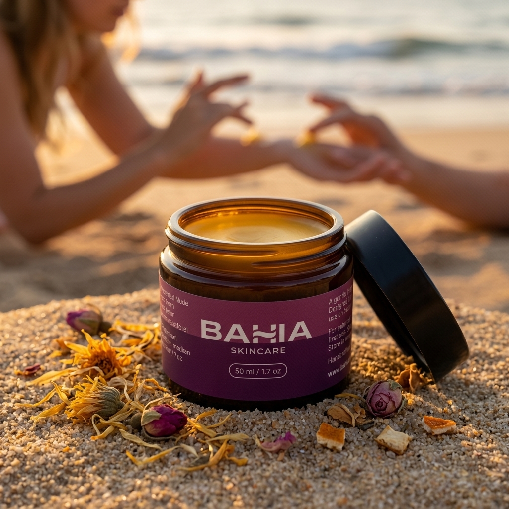 Bahia Tallow balm on beach sand with woman applying in background