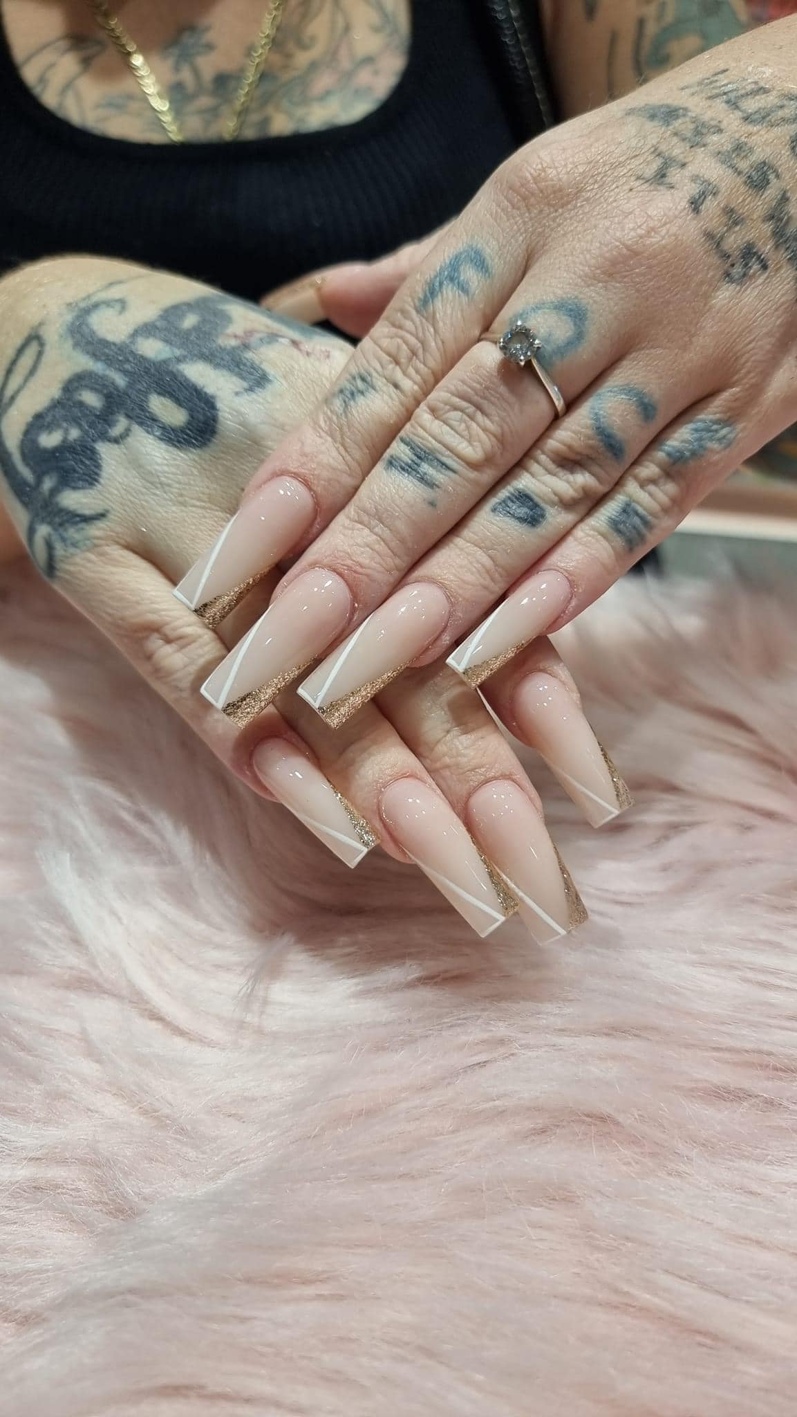 Long square nude nails with gold glitter — Fashion Nails Chermside
